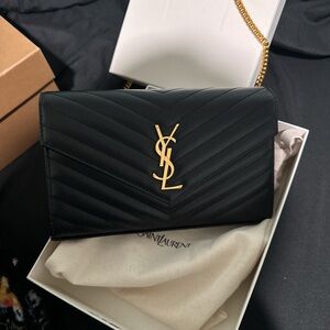Saint Laurent Black Quilted Clutch with Gold Logo